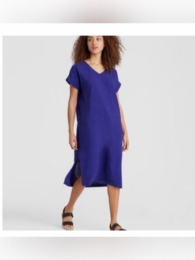 EILEEN FISHER Organic Cotton Gauze V-Neck Midi Dress Boxy Fit Calf Length Sz XS